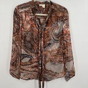 Meadow Rue Blouse Womens Medium Sheer Paisley Tie Neck Boho Lightweight Top